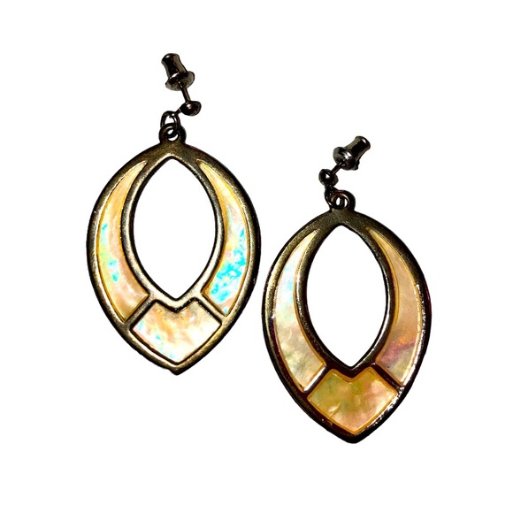 Stained Glass Look Big Teardrop Shell Dangle Center Post Pierced Earrings - Picture 2 of 6